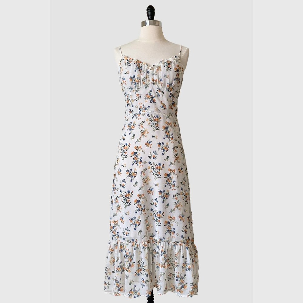 White Floral Midi Dress with Ruffle Hem